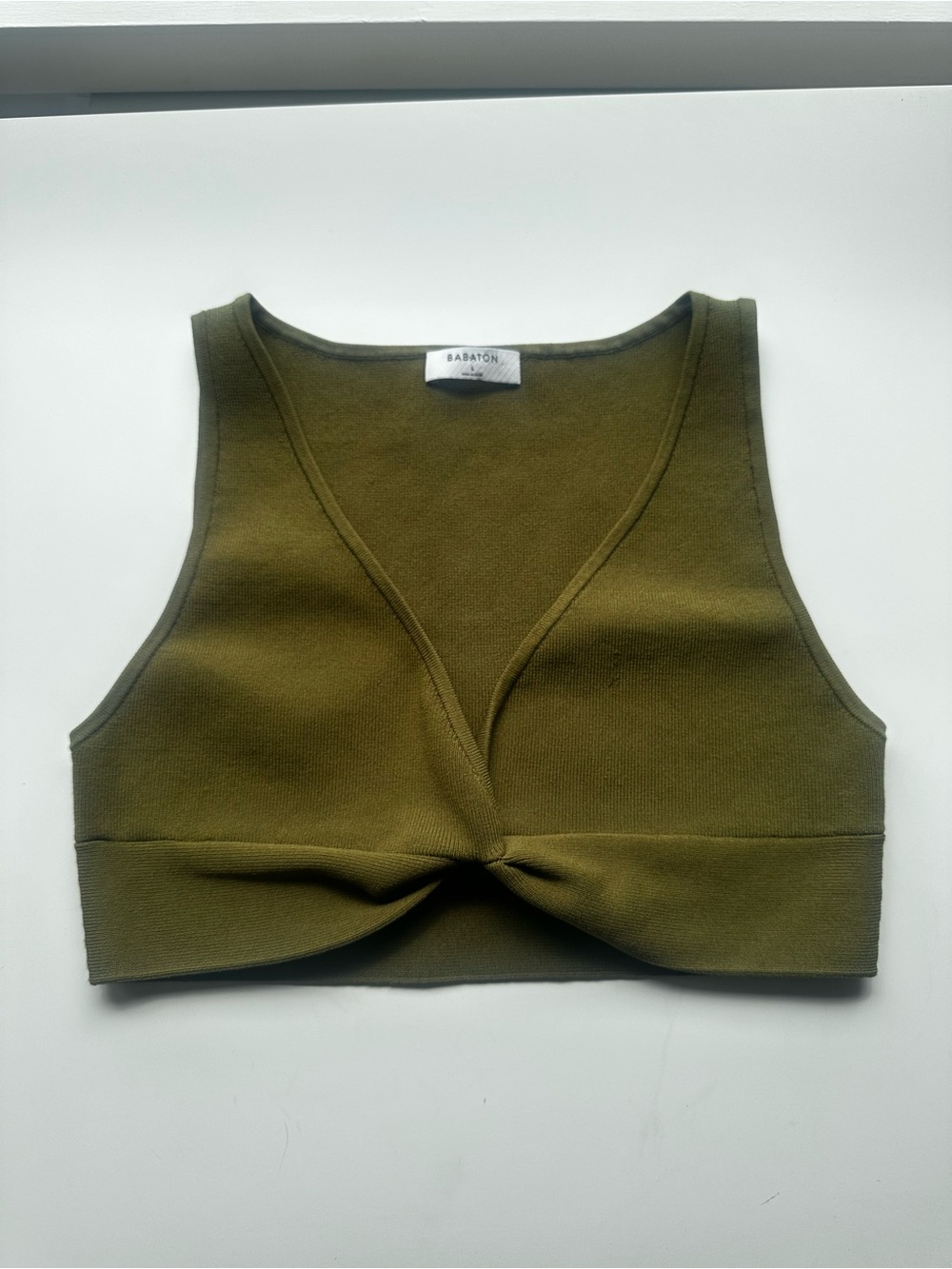 Babaton Olive Green Twist-Front Ribbed Crop Top